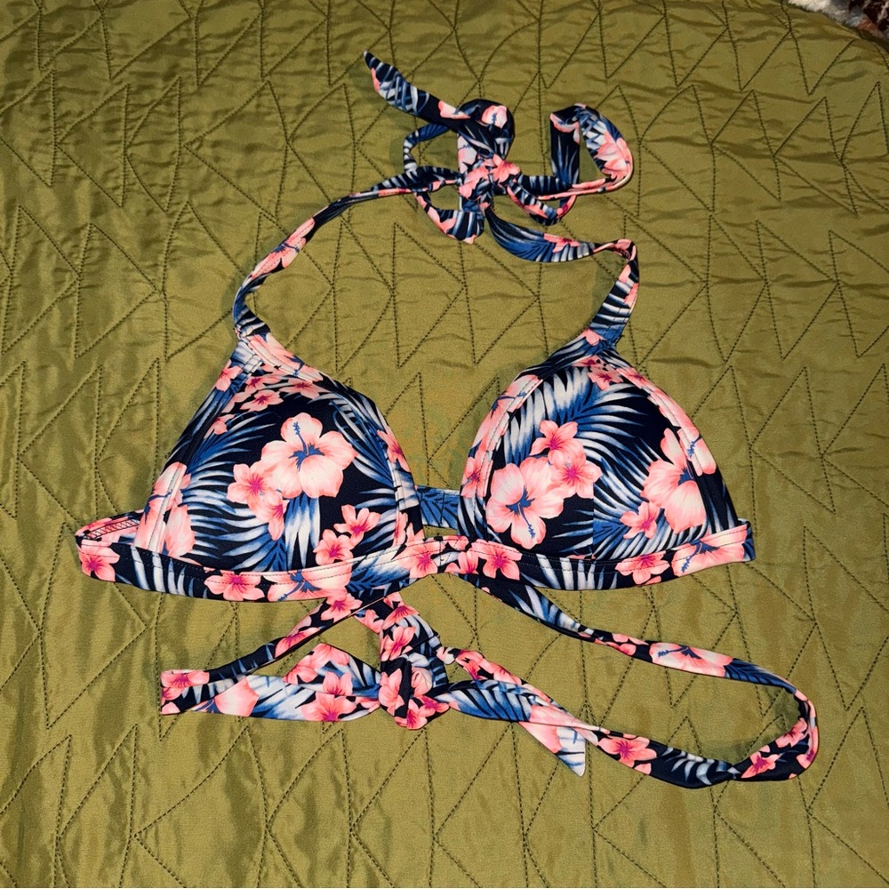 Vs Pink blue and orange tropical hibiscus flower push up triangle bikini top